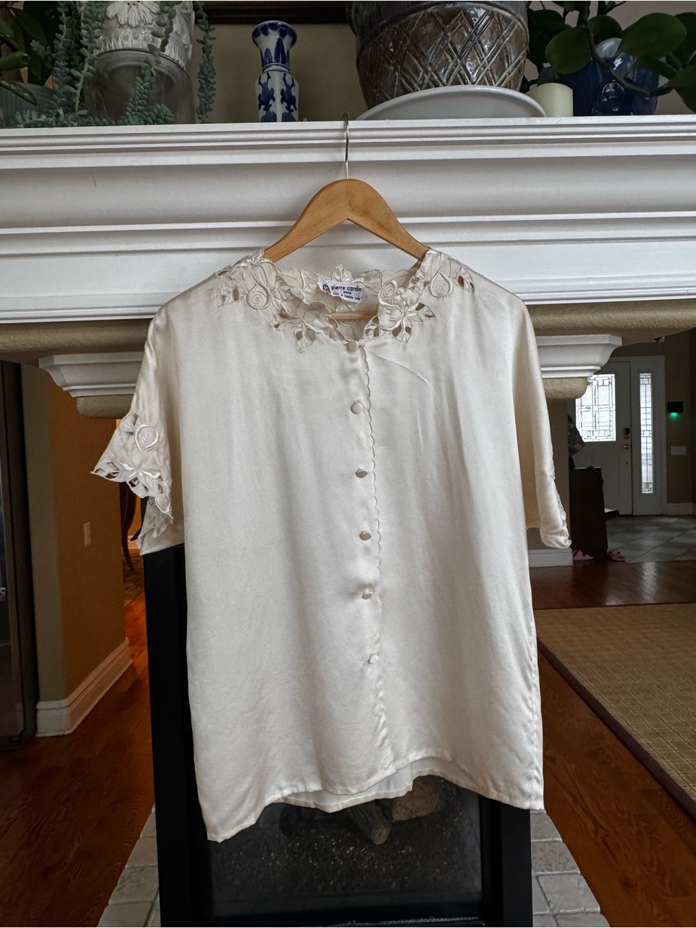 Vintage Pierre Cardin Cream Silk Floral Blouse Romantic Embroidered 6